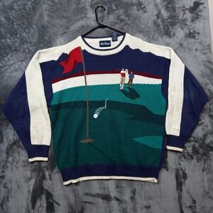 Par Four Sweater Mens XL Multi Vintage Golf Scene Intarsia Knit Ramie Cotton